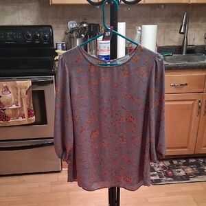 Gilli Blue-Gray Blouse with Rust Floral Pattern